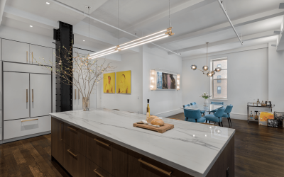 Flat Iron Loft Features Modern Kitchen Island Lighting