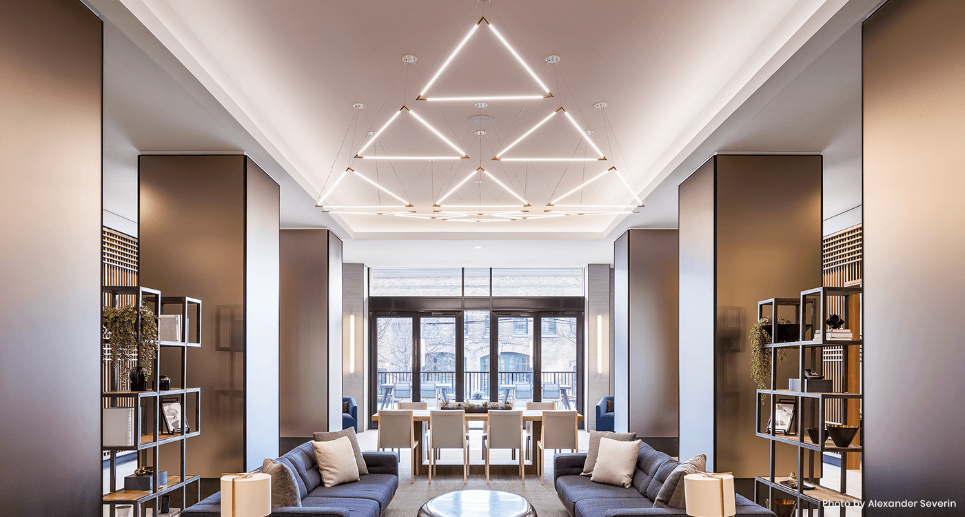 Juniper Lighting THIN Primaries Triangle Clustered Installation at Lenox Lobby Building